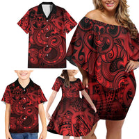 Aotearoa Maori Hei Tiki Family Matching Off Shoulder Short Dress and Hawaiian Shirt Whero Kowhaiwhai Puhoro Motif LT9 - Polynesian Pride