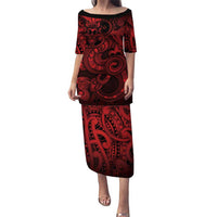 Aotearoa Maori Hei Tiki Family Matching Puletasi and Hawaiian Shirt Whero Kowhaiwhai Puhoro Motif LT9 Mom's Dress Red - Polynesian Pride