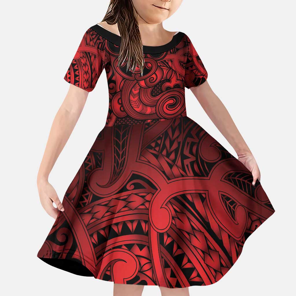 Aotearoa Maori Hei Tiki Family Matching Tank Maxi Dress and Hawaiian Shirt Whero Kowhaiwhai Puhoro Motif LT9 Daughter's Dress Red - Polynesian Pride