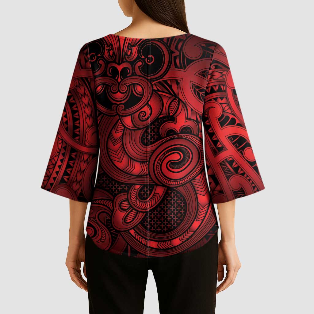 Aotearoa Maori Hei Tiki Kimono Sleeve Blouse Whero Kowhaiwhai Puhoro Motif