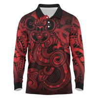Aotearoa Maori Hei Tiki Long Sleeve Polo Shirt Whero Kowhaiwhai Puhoro Motif LT9 Red - Polynesian Pride