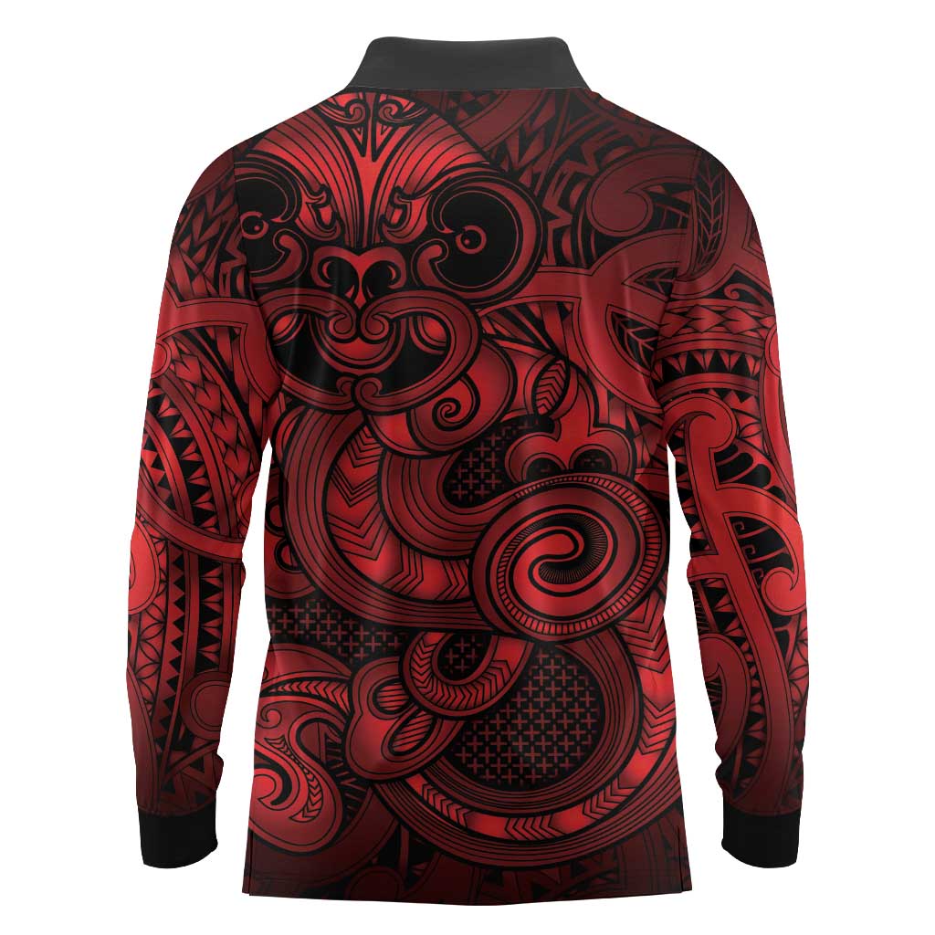 Aotearoa Maori Hei Tiki Long Sleeve Polo Shirt Whero Kowhaiwhai Puhoro Motif LT9 - Polynesian Pride