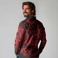 Aotearoa Maori Hei Tiki Long Sleeve Polo Shirt Whero Kowhaiwhai Puhoro Motif LT9 - Polynesian Pride