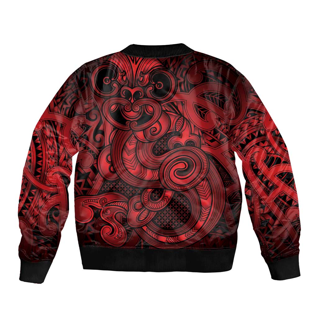 Aotearoa Maori Hei Tiki Sleeve Zip Bomber Jacket Whero Kowhaiwhai Puhoro Motif
