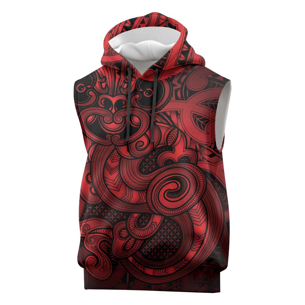 Aotearoa Maori Hei Tiki Sleeveless Hoodie Whero Kowhaiwhai Puhoro Motif LT9 Red - Polynesian Pride
