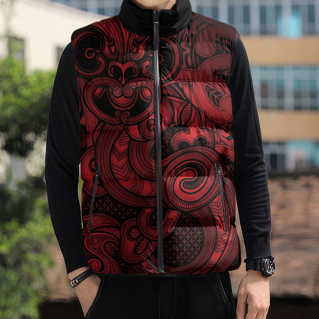 Aotearoa Maori Hei Tiki Sleeveless Puffer Jacket Whero Kowhaiwhai Puhoro Motif LT9 - Polynesian Pride