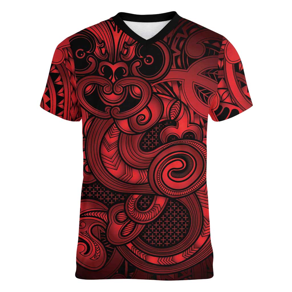Aotearoa Maori Hei Tiki Women V-Neck T-Shirt Whero Kowhaiwhai Puhoro Motif LT9 Female Red - Polynesian Pride