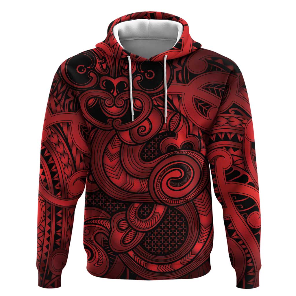 Aotearoa Maori Hei Tiki Zip Hoodie Whero Kowhaiwhai Puhoro Motif