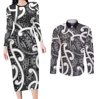 Aotearoa Maori Kowhaiwhai Couples Matching Long Sleeve Bodycon Dress and Long Sleeve Button Shirt Kiwikiwi Puhoro and Patiki LT9 Grey - Polynesian Pride