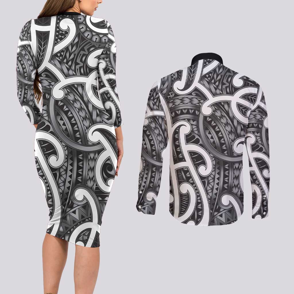 Aotearoa Maori Kowhaiwhai Couples Matching Long Sleeve Bodycon Dress and Long Sleeve Button Shirt Kiwikiwi Puhoro and Patiki LT9 - Polynesian Pride