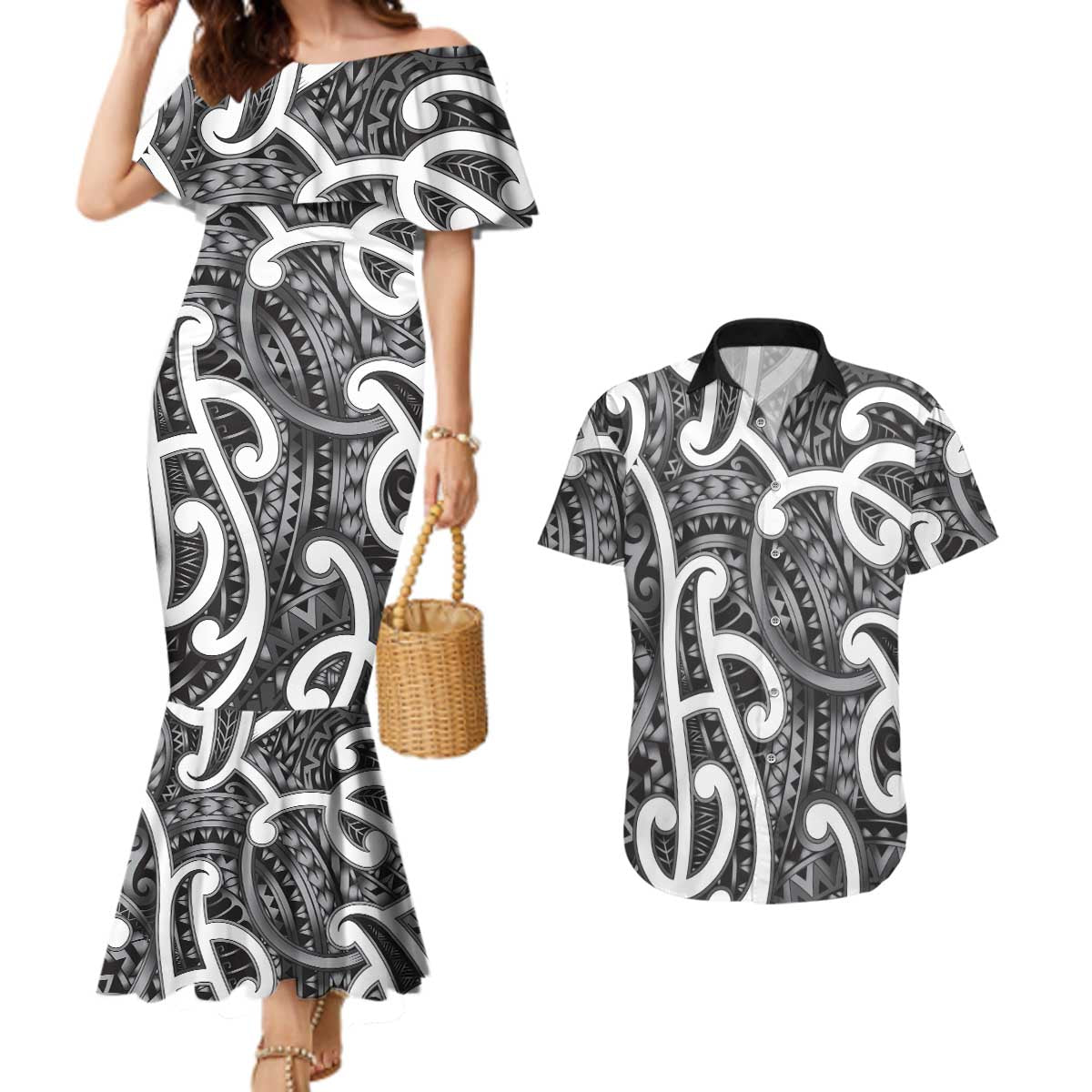 Aotearoa Maori Kowhaiwhai Couples Matching Mermaid Dress and Hawaiian Shirt Kiwikiwi Puhoro and Patiki LT9 Grey - Polynesian Pride