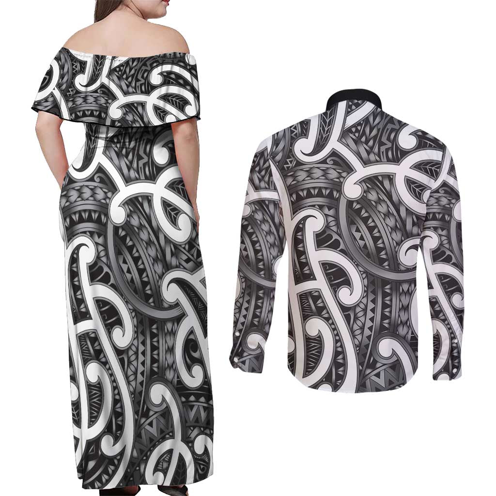 Aotearoa Maori Kowhaiwhai Couples Matching Off Shoulder Maxi Dress and Long Sleeve Button Shirt Kiwikiwi Puhoro and Patiki LT9 - Polynesian Pride