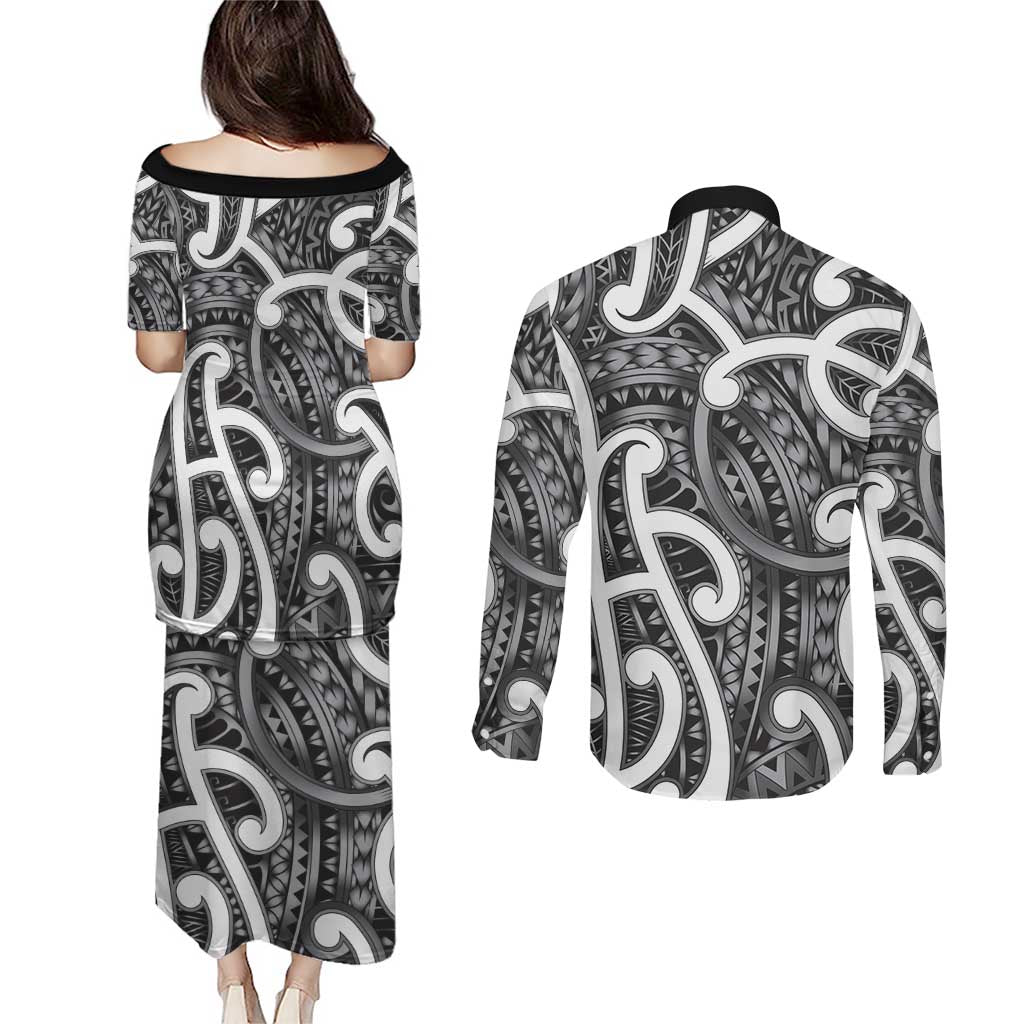 Aotearoa Maori Kowhaiwhai Couples Matching Puletasi and Long Sleeve Button Shirt Kiwikiwi Puhoro and Patiki