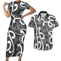 Aotearoa Maori Kowhaiwhai Couples Matching Short Sleeve Bodycon Dress and Hawaiian Shirt Kiwikiwi Puhoro and Patiki LT9 Grey - Polynesian Pride