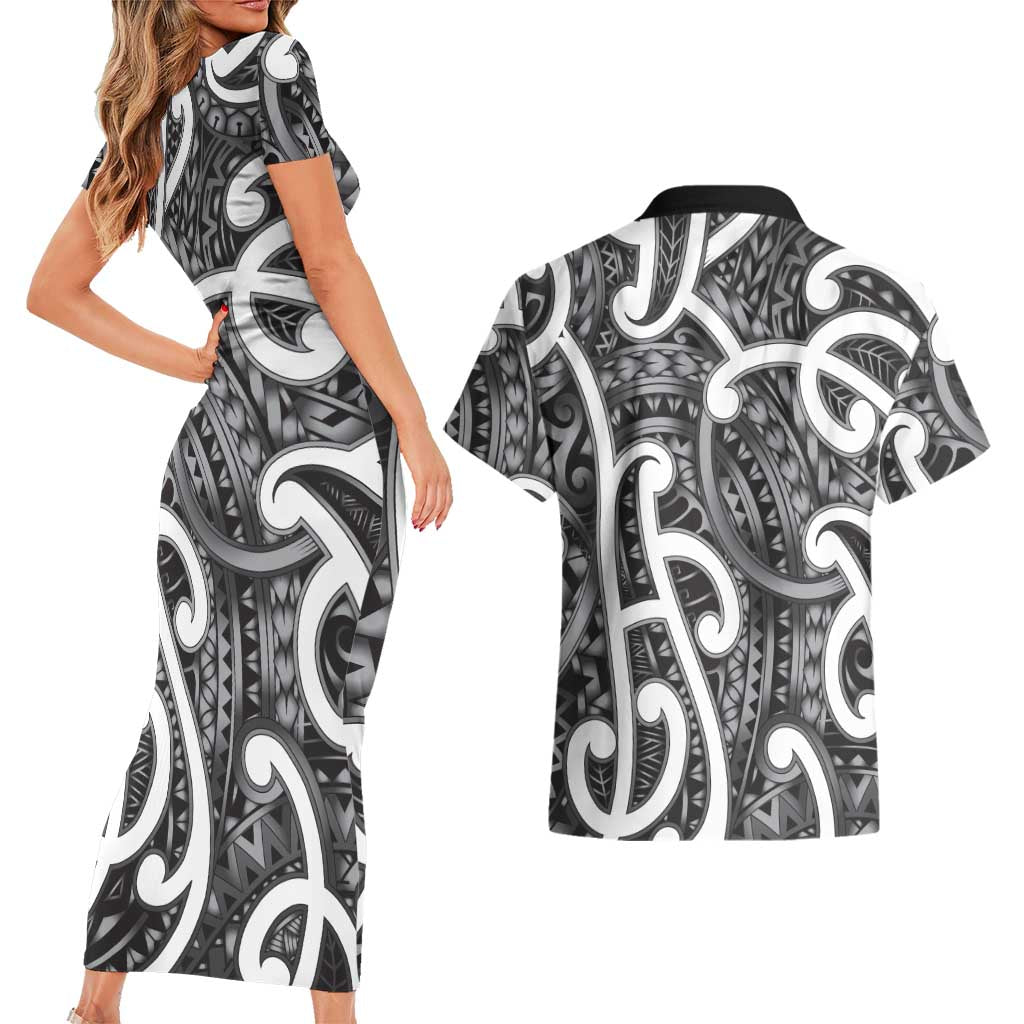 Aotearoa Maori Kowhaiwhai Couples Matching Short Sleeve Bodycon Dress and Hawaiian Shirt Kiwikiwi Puhoro and Patiki LT9 - Polynesian Pride