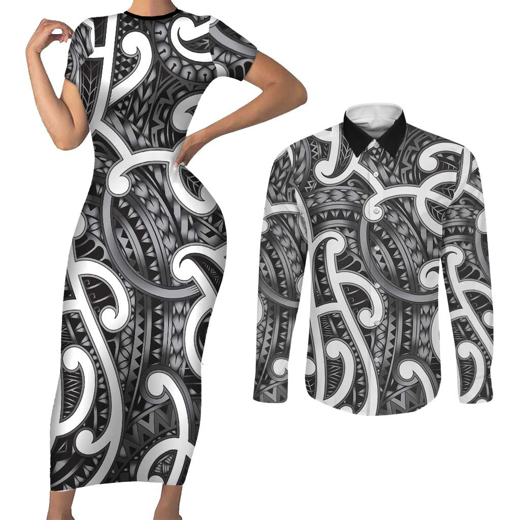 Aotearoa Maori Kowhaiwhai Couples Matching Short Sleeve Bodycon Dress and Long Sleeve Button Shirt Kiwikiwi Puhoro and Patiki LT9 Grey - Polynesian Pride