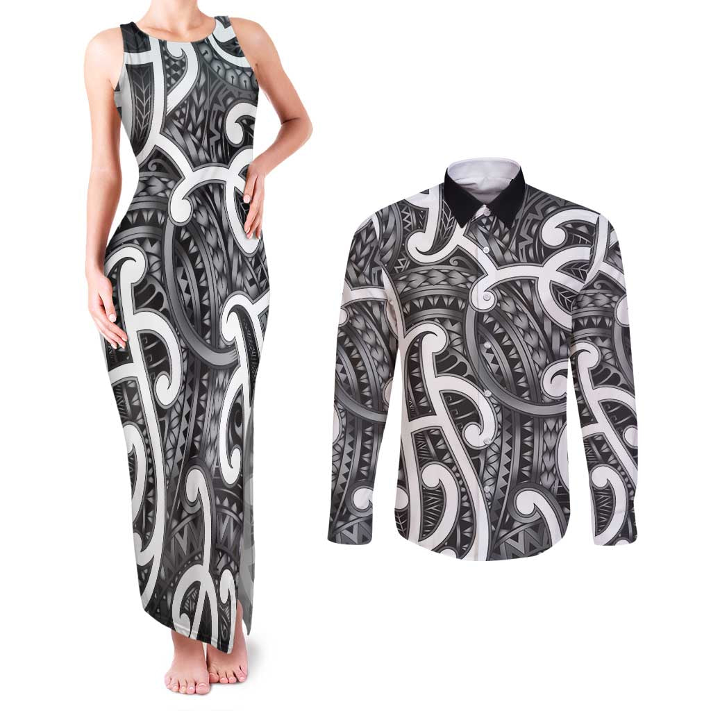Aotearoa Maori Kowhaiwhai Couples Matching Tank Maxi Dress and Long Sleeve Button Shirt Kiwikiwi Puhoro and Patiki LT9 Grey - Polynesian Pride