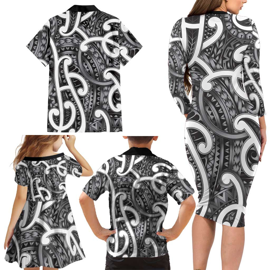Aotearoa Maori Kowhaiwhai Family Matching Long Sleeve Bodycon Dress and Hawaiian Shirt Kiwikiwi Puhoro and Patiki LT9 - Polynesian Pride