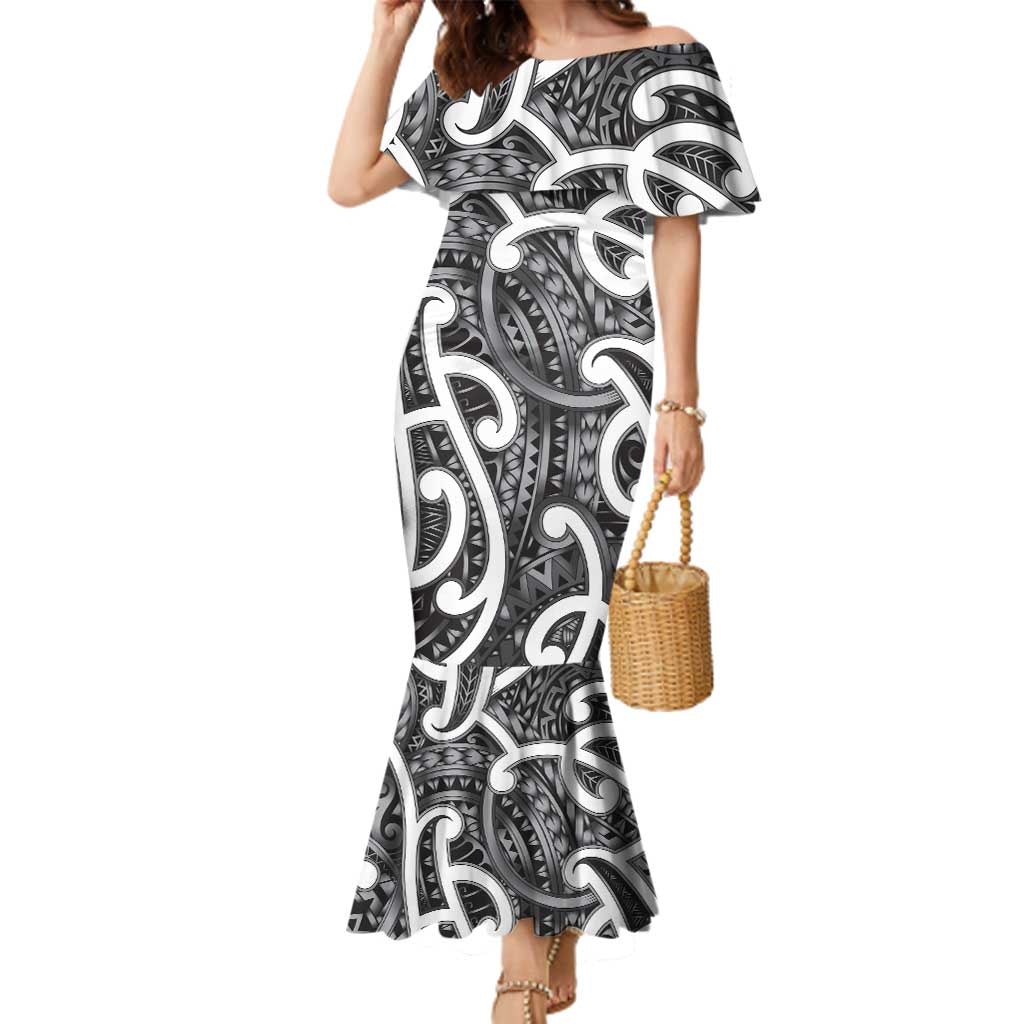 Aotearoa Maori Kowhaiwhai Family Matching Mermaid Dress and Hawaiian Shirt Kiwikiwi Puhoro and Patiki LT9 Mom's Dress Grey - Polynesian Pride