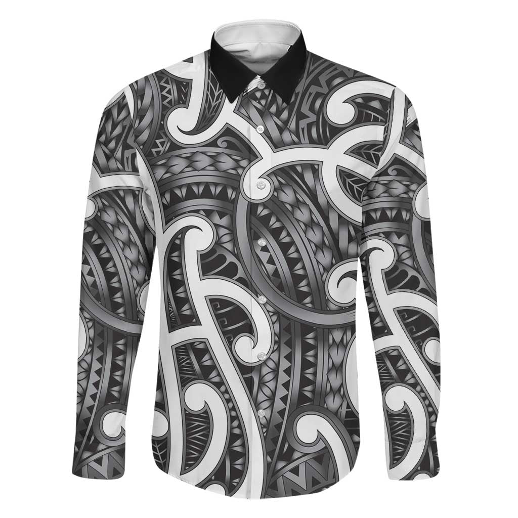 Aotearoa Maori Kowhaiwhai Family Matching Off The Shoulder Long Sleeve Dress and Hawaiian Shirt Kiwikiwi Puhoro and Patiki LT9 Dad's Shirt - Long Sleeve Grey - Polynesian Pride