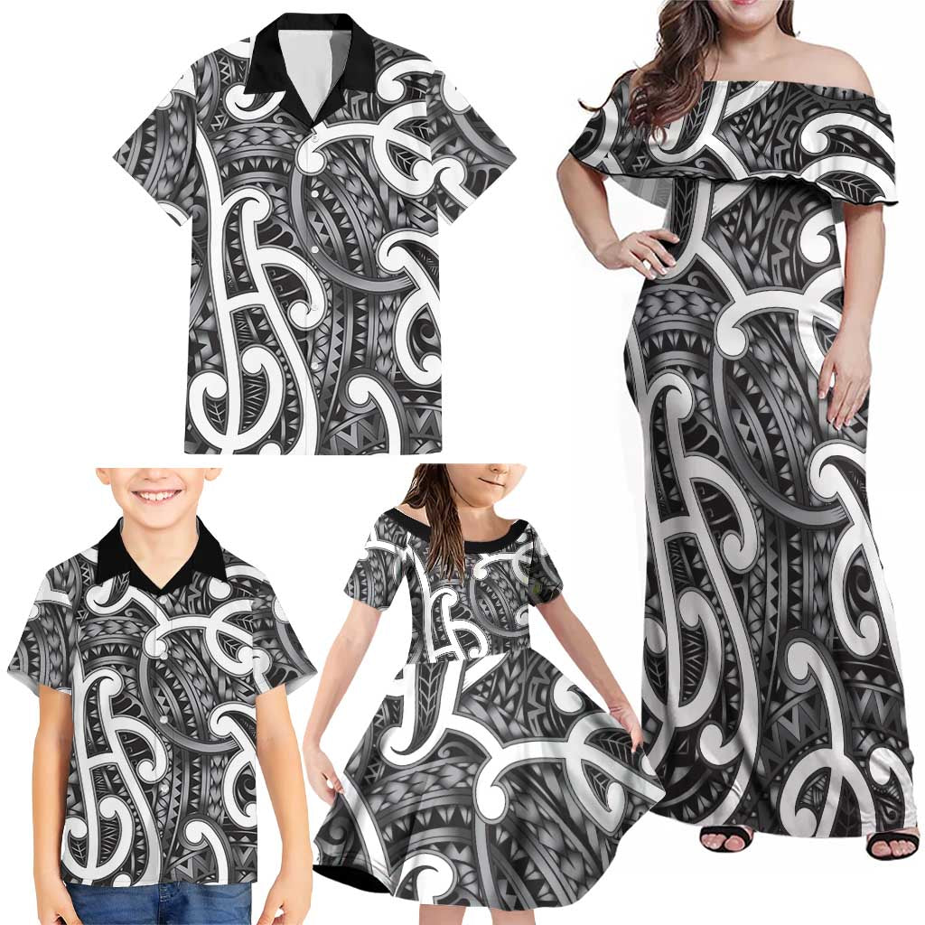 Aotearoa Maori Kowhaiwhai Family Matching Off Shoulder Maxi Dress and Hawaiian Shirt Kiwikiwi Puhoro and Patiki LT9 - Polynesian Pride