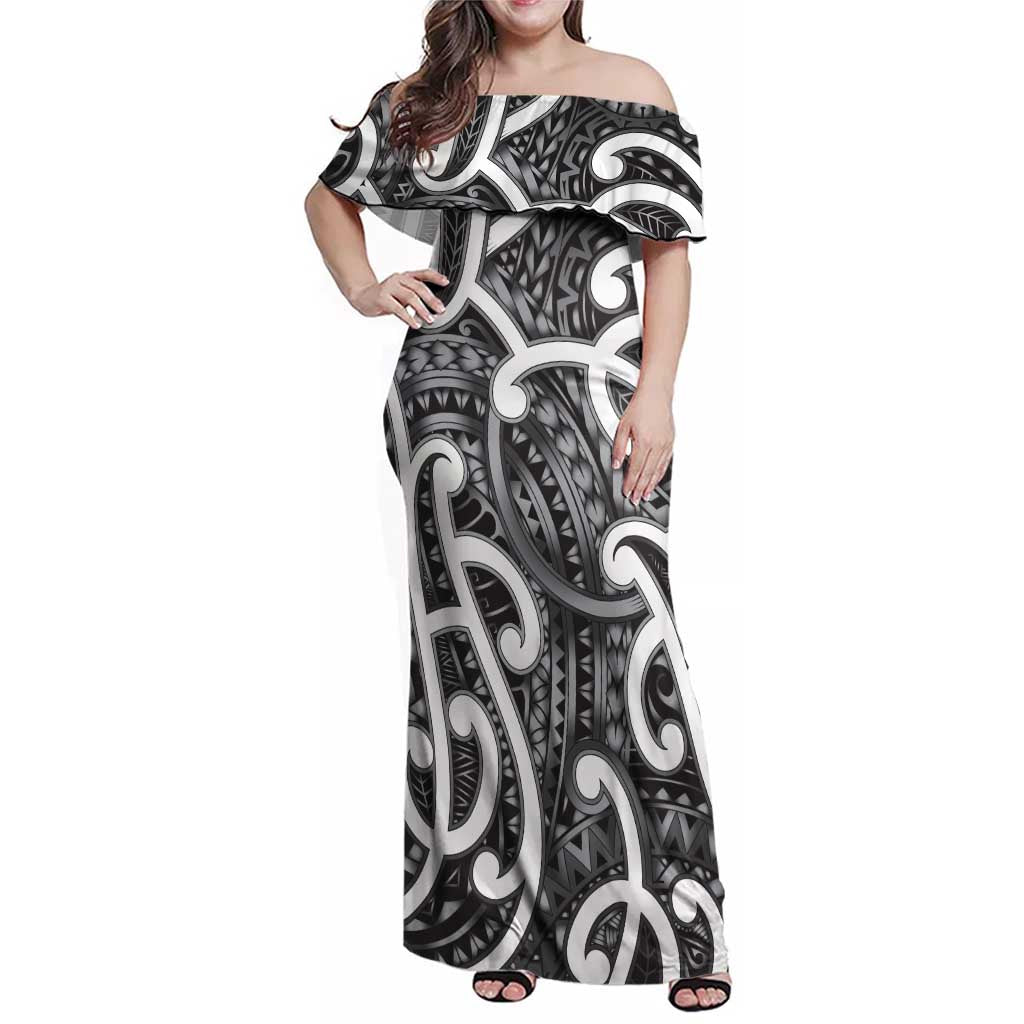 Aotearoa Maori Kowhaiwhai Family Matching Off Shoulder Maxi Dress and Hawaiian Shirt Kiwikiwi Puhoro and Patiki LT9 Mom's Dress Grey - Polynesian Pride