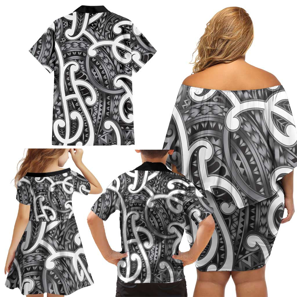Aotearoa Maori Kowhaiwhai Family Matching Off Shoulder Short Dress and Hawaiian Shirt Kiwikiwi Puhoro and Patiki LT9 - Polynesian Pride