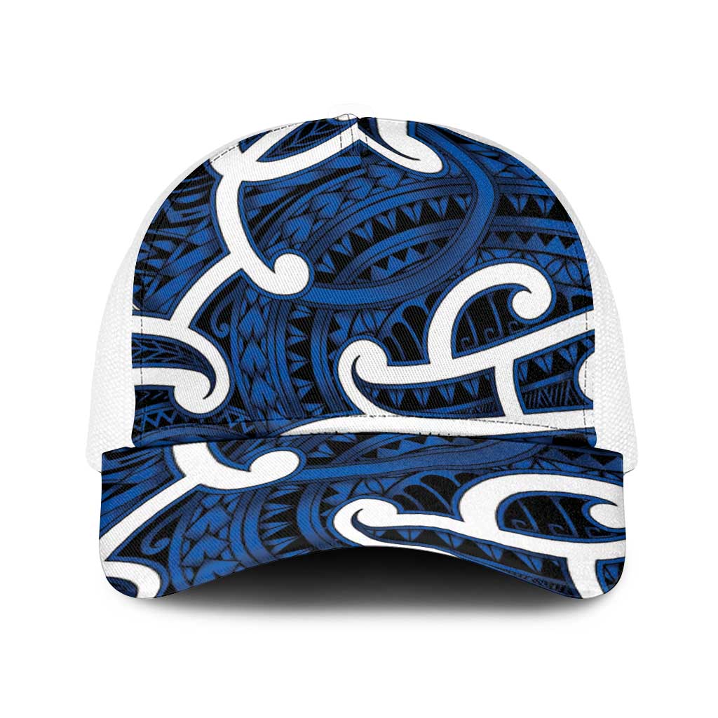 Aotearoa Maori Kowhaiwhai Baseball Net Cap Kikorangi Puhoro and Patiki LT9 One Size White Blue - Polynesian Pride