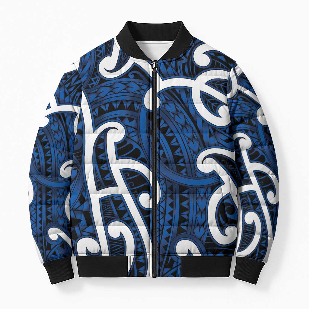 Aotearoa Maori Kowhaiwhai Bomber Puffer Jacket Kikorangi Puhoro and Patiki
