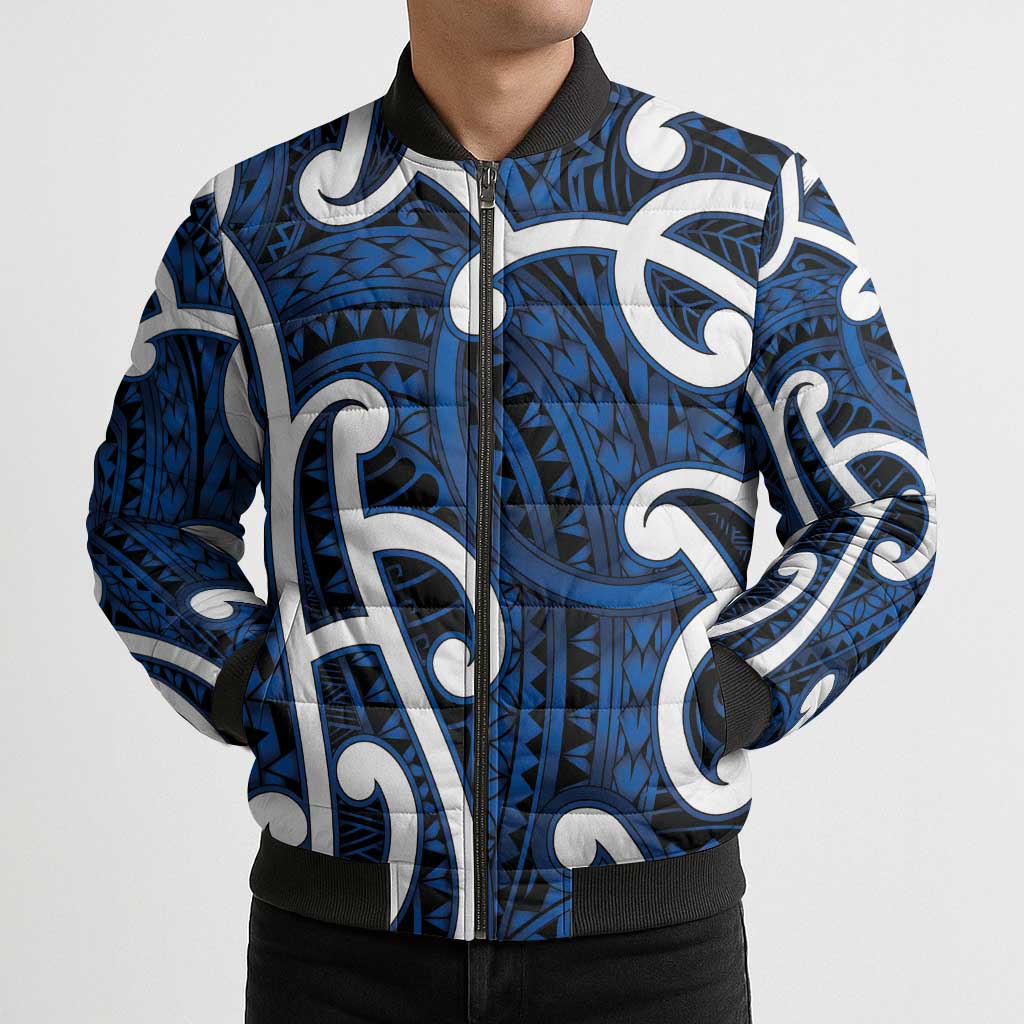 Aotearoa Maori Kowhaiwhai Bomber Puffer Jacket Kikorangi Puhoro and Patiki