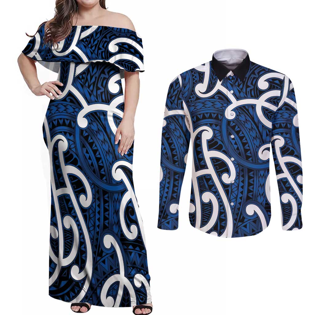 Aotearoa Maori Kowhaiwhai Couples Matching Off Shoulder Maxi Dress and Long Sleeve Button Shirt Kikorangi Puhoro and Patiki