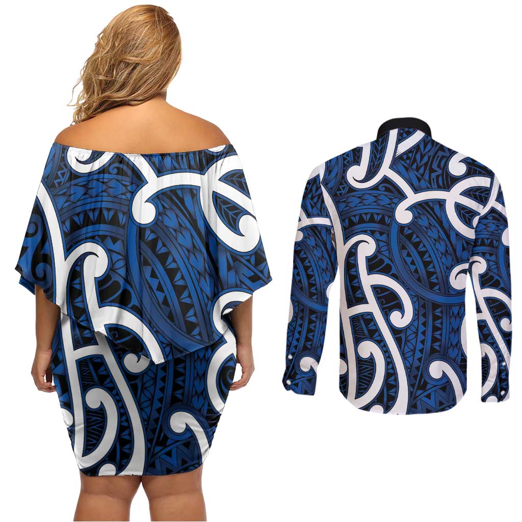 Aotearoa Maori Kowhaiwhai Couples Matching Off Shoulder Short Dress and Long Sleeve Button Shirt Kikorangi Puhoro and Patiki LT9 - Polynesian Pride