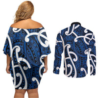 Aotearoa Maori Kowhaiwhai Couples Matching Off Shoulder Short Dress and Long Sleeve Button Shirt Kikorangi Puhoro and Patiki LT9 - Polynesian Pride
