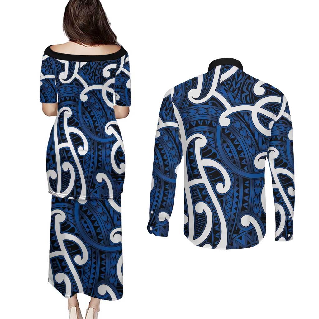 Aotearoa Maori Kowhaiwhai Couples Matching Puletasi and Long Sleeve Button Shirt Kikorangi Puhoro and Patiki