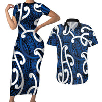 Aotearoa Maori Kowhaiwhai Couples Matching Short Sleeve Bodycon Dress and Hawaiian Shirt Kikorangi Puhoro and Patiki LT9 Blue - Polynesian Pride