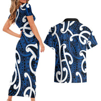 Aotearoa Maori Kowhaiwhai Couples Matching Short Sleeve Bodycon Dress and Hawaiian Shirt Kikorangi Puhoro and Patiki LT9 - Polynesian Pride