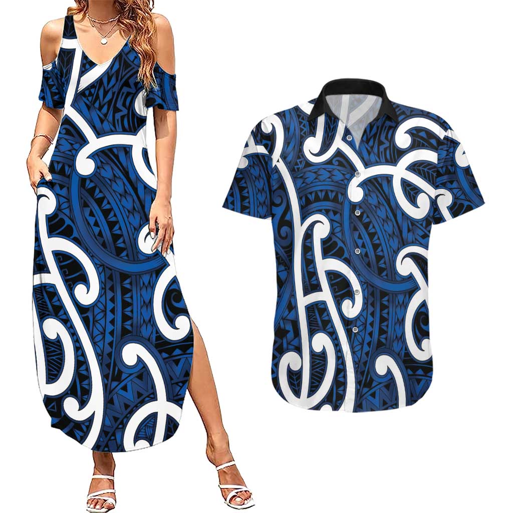 Aotearoa Maori Kowhaiwhai Couples Matching Summer Maxi Dress and Hawaiian Shirt Kikorangi Puhoro and Patiki LT9 Blue - Polynesian Pride