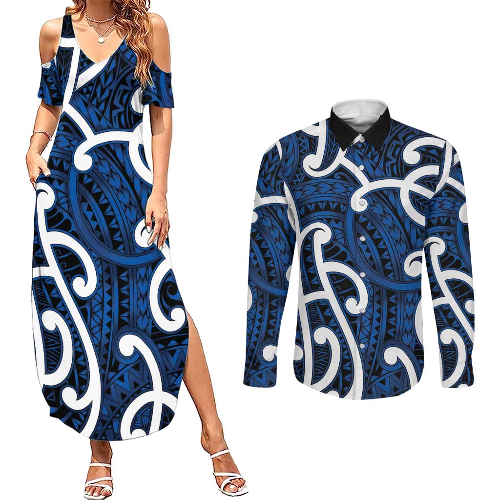 Aotearoa Maori Kowhaiwhai Couples Matching Summer Maxi Dress and Long Sleeve Button Shirt Kikorangi Puhoro and Patiki LT9 Blue - Polynesian Pride