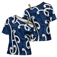 Aotearoa Maori Kowhaiwhai Cross Shoulder Shirt Kikorangi Puhoro and Patiki