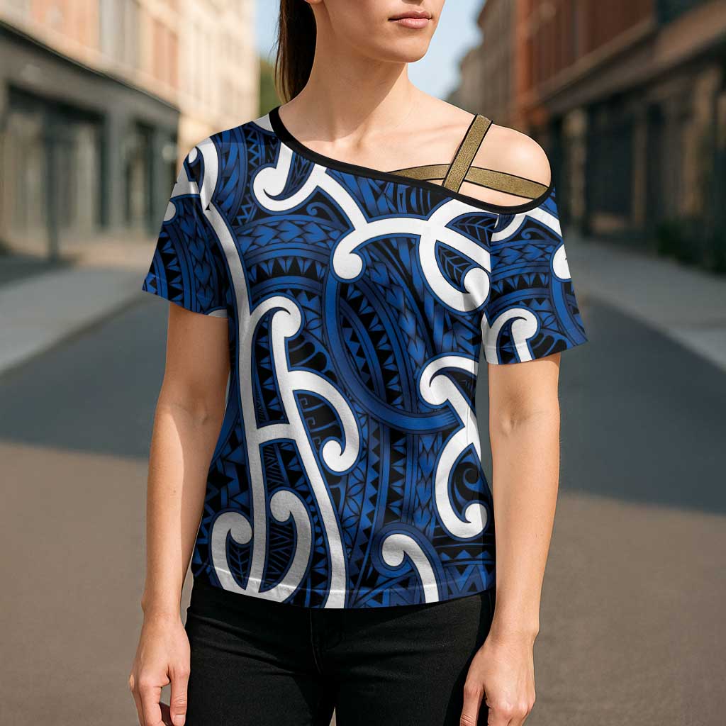Aotearoa Maori Kowhaiwhai Cross Shoulder Shirt Kikorangi Puhoro and Patiki