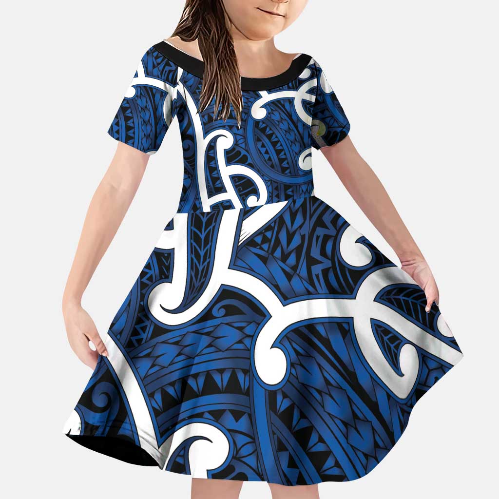 Aotearoa Maori Kowhaiwhai Family Matching Long Sleeve Bodycon Dress and Hawaiian Shirt Kikorangi Puhoro and Patiki LT9 Daughter's Dress Blue - Polynesian Pride
