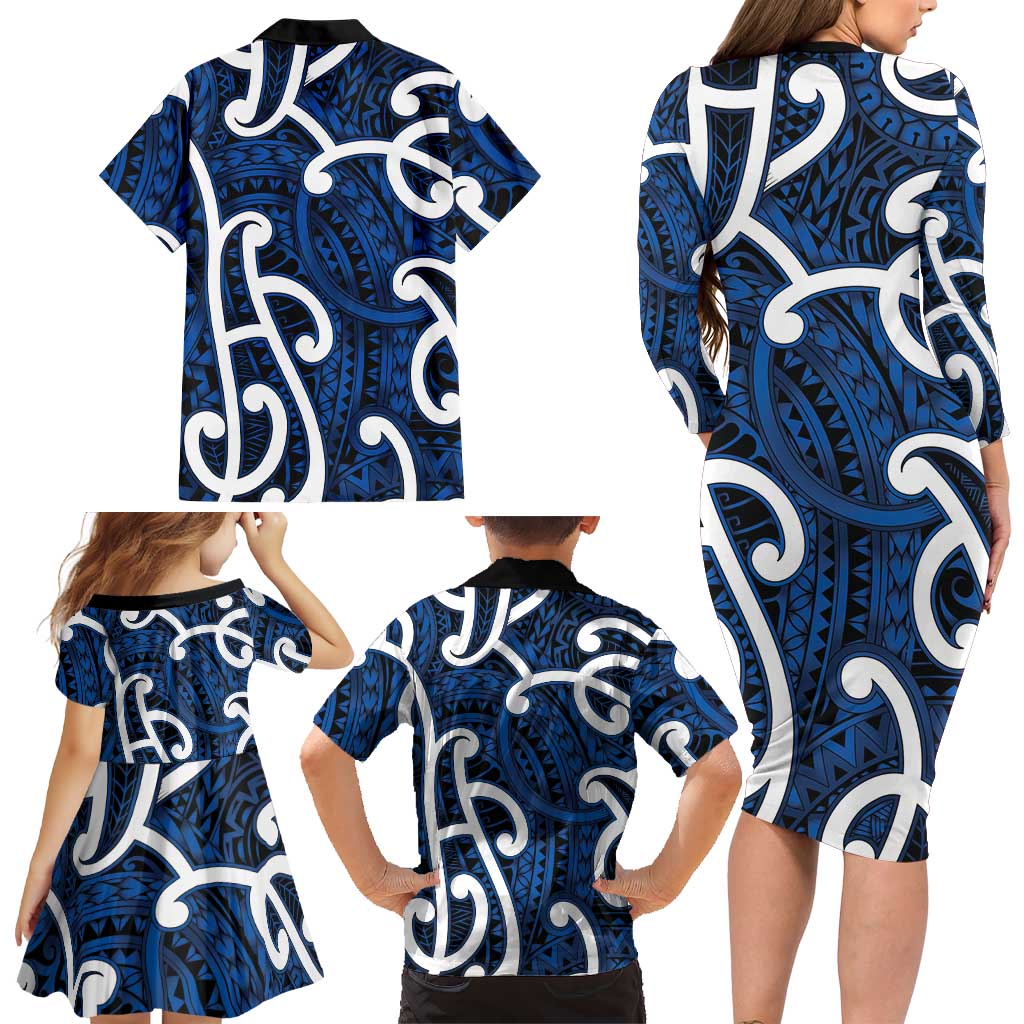 Aotearoa Maori Kowhaiwhai Family Matching Long Sleeve Bodycon Dress and Hawaiian Shirt Kikorangi Puhoro and Patiki LT9 - Polynesian Pride