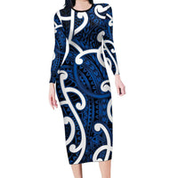 Aotearoa Maori Kowhaiwhai Family Matching Long Sleeve Bodycon Dress and Hawaiian Shirt Kikorangi Puhoro and Patiki LT9 Mom's Dress Blue - Polynesian Pride