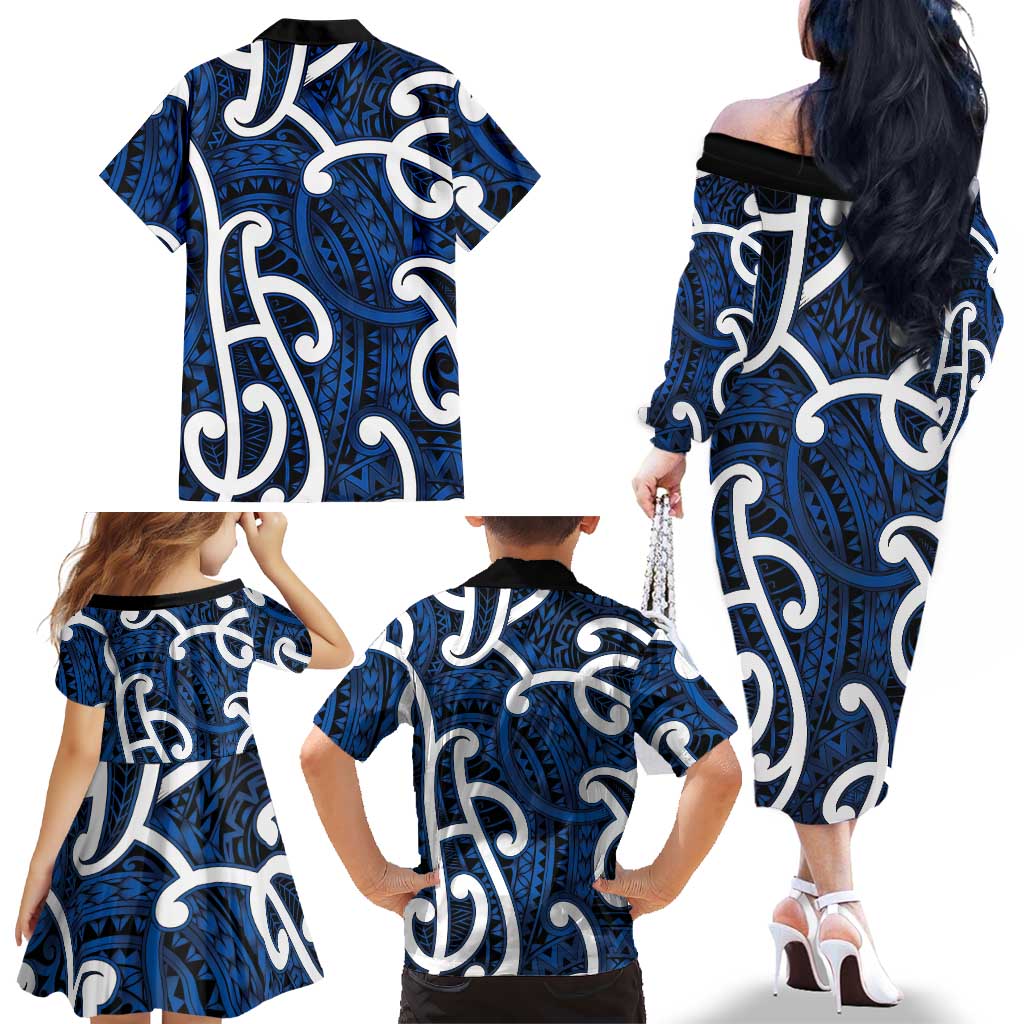 Aotearoa Maori Kowhaiwhai Family Matching Off The Shoulder Long Sleeve Dress and Hawaiian Shirt Kikorangi Puhoro and Patiki LT9 - Polynesian Pride