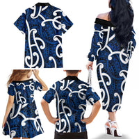 Aotearoa Maori Kowhaiwhai Family Matching Off The Shoulder Long Sleeve Dress and Hawaiian Shirt Kikorangi Puhoro and Patiki LT9 - Polynesian Pride