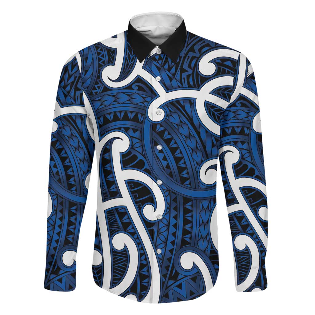 Aotearoa Maori Kowhaiwhai Family Matching Off Shoulder Short Dress and Hawaiian Shirt Kikorangi Puhoro and Patiki LT9 Dad's Shirt - Long Sleeve Blue - Polynesian Pride