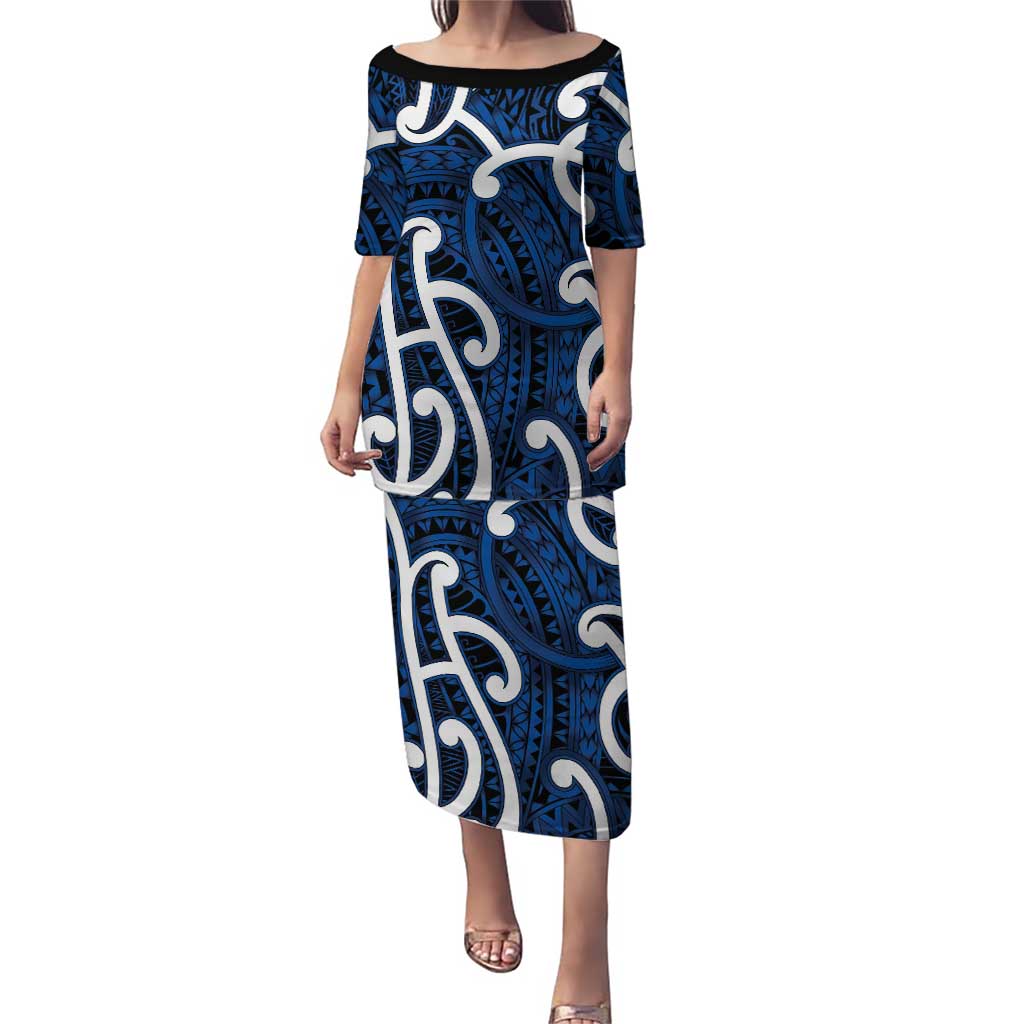 Aotearoa Maori Kowhaiwhai Family Matching Puletasi and Hawaiian Shirt Kikorangi Puhoro and Patiki LT9 Mom's Dress Blue - Polynesian Pride