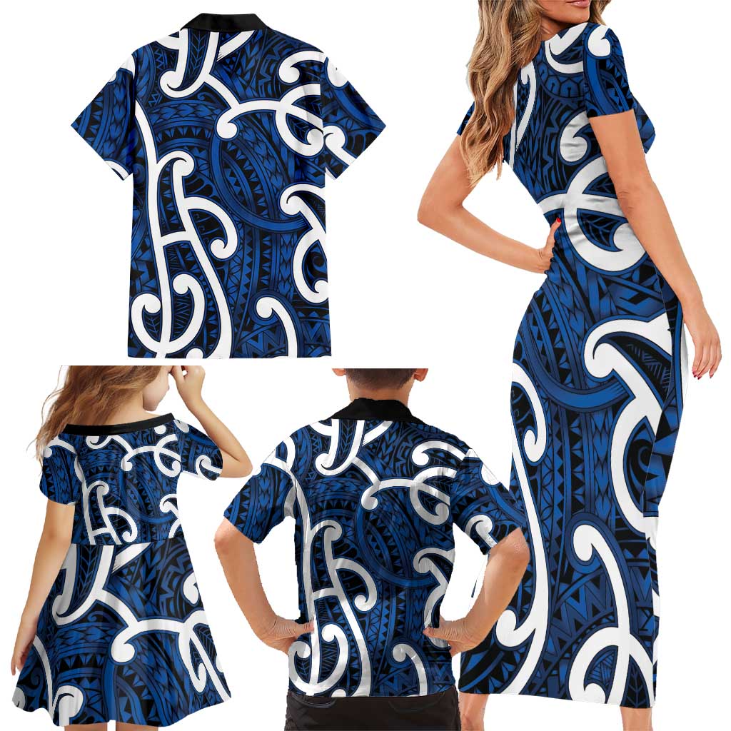 Aotearoa Maori Kowhaiwhai Family Matching Short Sleeve Bodycon Dress and Hawaiian Shirt Kikorangi Puhoro and Patiki LT9 - Polynesian Pride