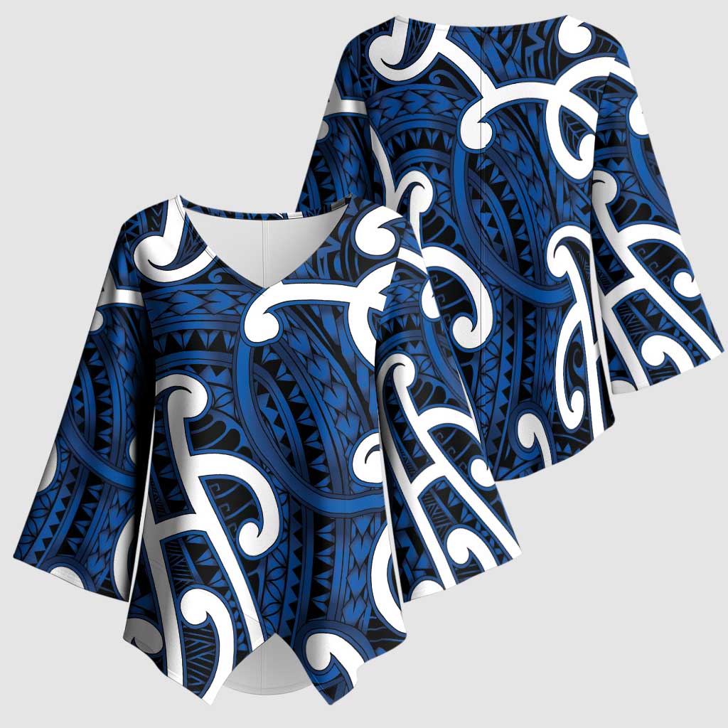 Aotearoa Maori Kowhaiwhai Kimono Sleeve Blouse Kikorangi Puhoro and Patiki