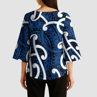 Aotearoa Maori Kowhaiwhai Kimono Sleeve Blouse Kikorangi Puhoro and Patiki